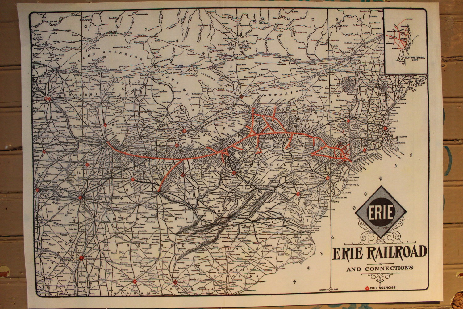 The Erie’s path is marked on a map next to the ticket window, locating communities that are still around, like Callicoon and Narrowsburg and Lackawaxen. And communities that are gone, like Starbush...